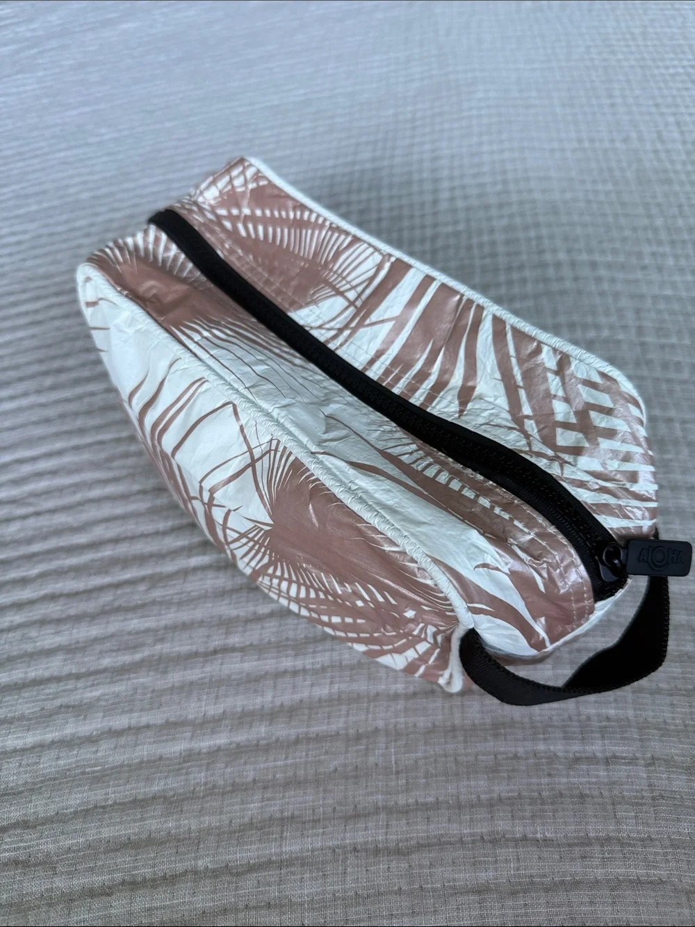 ALOHA Collection White Cosmetic Bag with Rose-Gold Palm Print